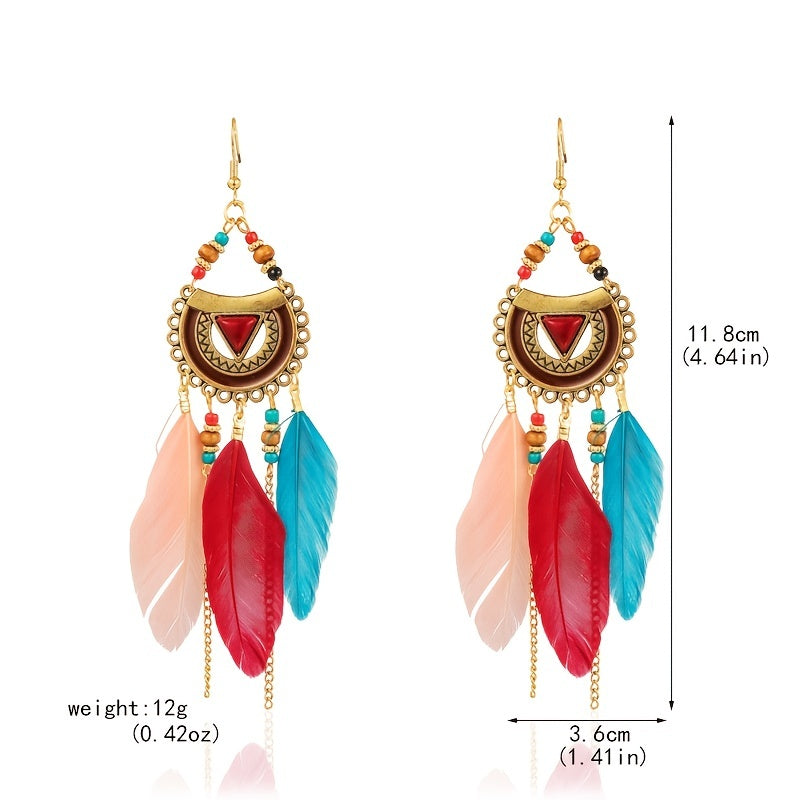 Feather Rice Beads Turquoise Dangle Earrings - Bohemian Chic Jewelry for Women