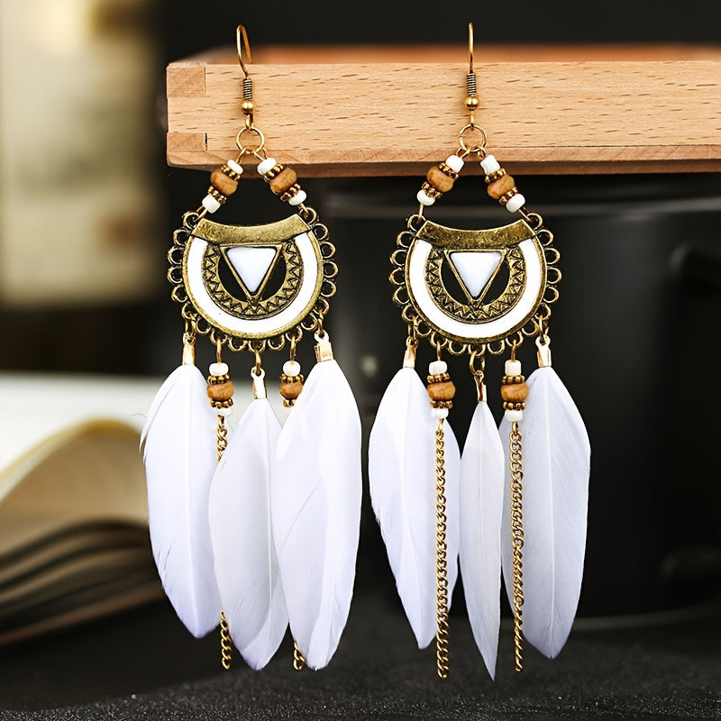 Feather Rice Beads Turquoise Dangle Earrings - Bohemian Chic Jewelry for Women