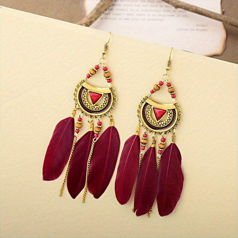 Feather Rice Beads Turquoise Dangle Earrings - Bohemian Chic Jewelry for Women
