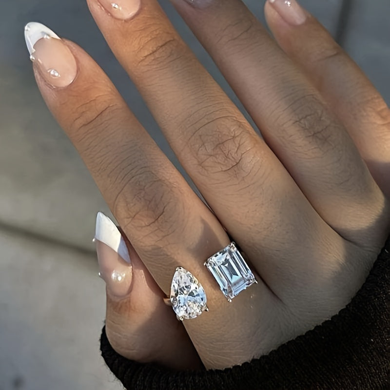 Luxury Geometric Square Zircon Shape Open Ring Unique Hand Jewelry For Women