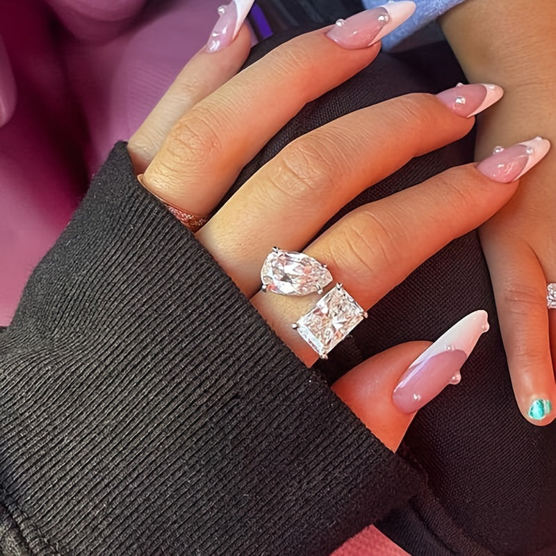 Luxury Geometric Square Zircon Shape Open Ring Unique Hand Jewelry For Women