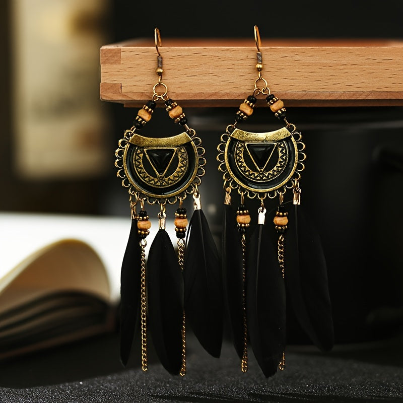 Feather Rice Beads Turquoise Dangle Earrings - Bohemian Chic Jewelry for Women