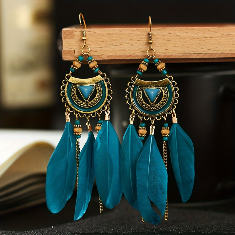Feather Rice Beads Turquoise Dangle Earrings - Bohemian Chic Jewelry for Women